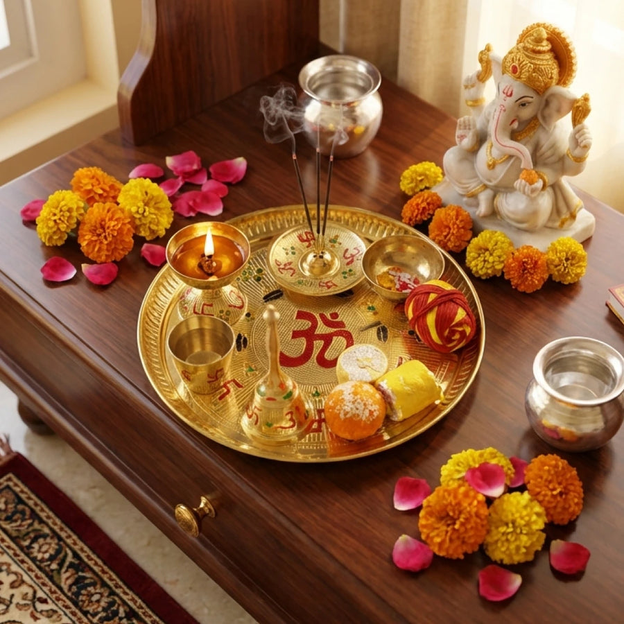 6-Piece Antique Brass Pooja Thali Set for Daily Puja, Festivals & Housewarming