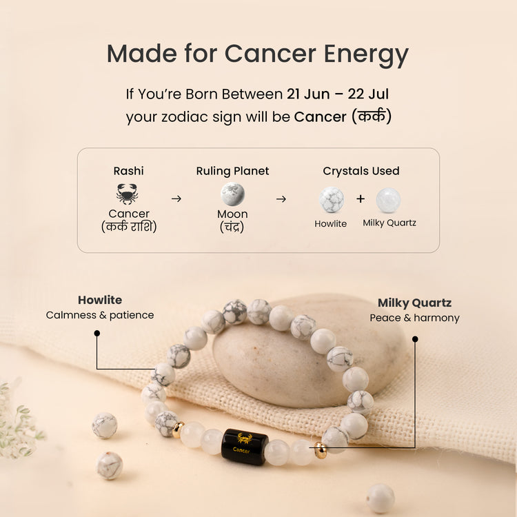Karkataka (Cancer) Rashi Crystal Bracelet-Natural Moonstone, Rose Quartz, Amethyst, Labradorite & Evil Eye for Emotional Balance & Protection