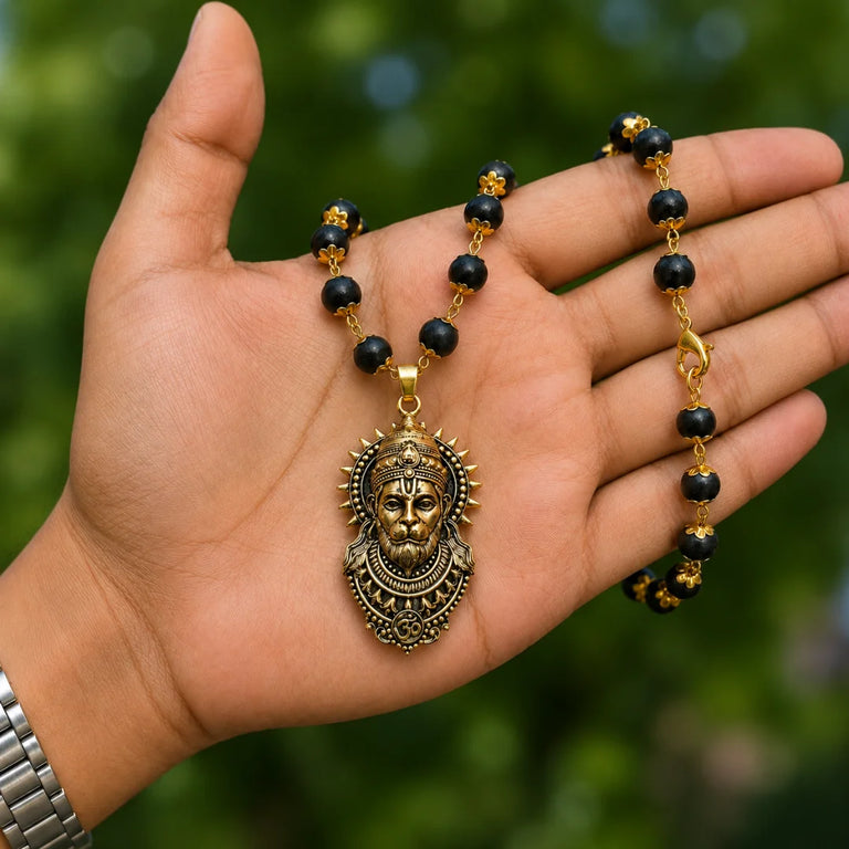 Original Karungali Mala with Antique Gold-Plated Hanuman Ji Pendant | Ebony Wood Beads Chain with Om Engraving for Protection & Strength (Men & Women)