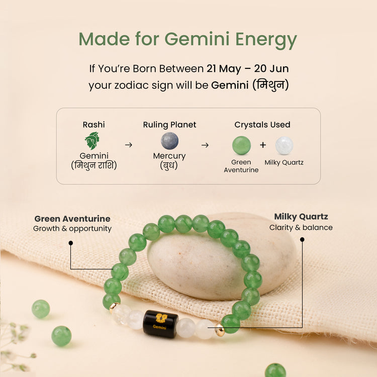 Mithun (Gemini) Rashi Crystal Bracelet-Natural Beads for Clarity, Abundance & Protection