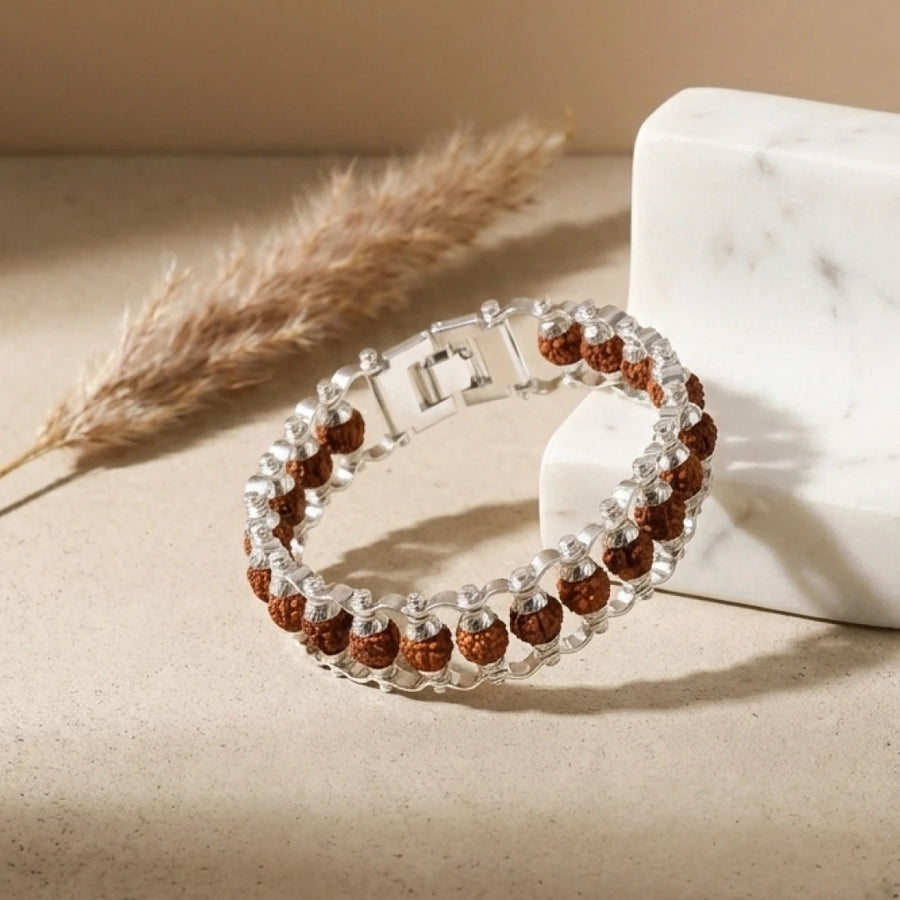 Pure Silver & Gold-Plated Rudraksha Link Chain Bracelets with Fold-Over Clasp for Men & Women – Durable & Stylish Everyday Wear