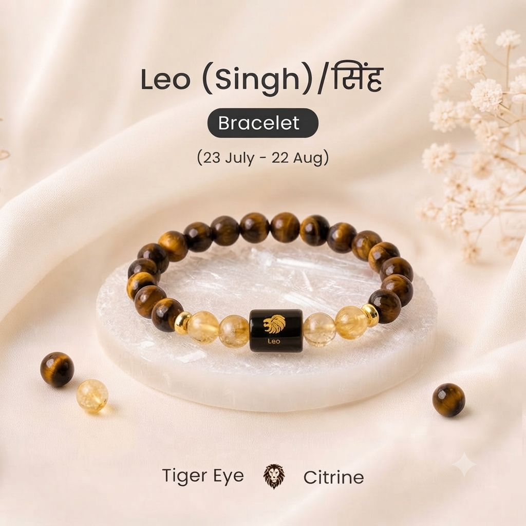 Simha (Leo) Rashi -Zodiac Healing Crystal Bracelet with Tiger’s Eye, Carnelian, Pyrite & Evil Eye for Courage, Success & Protection