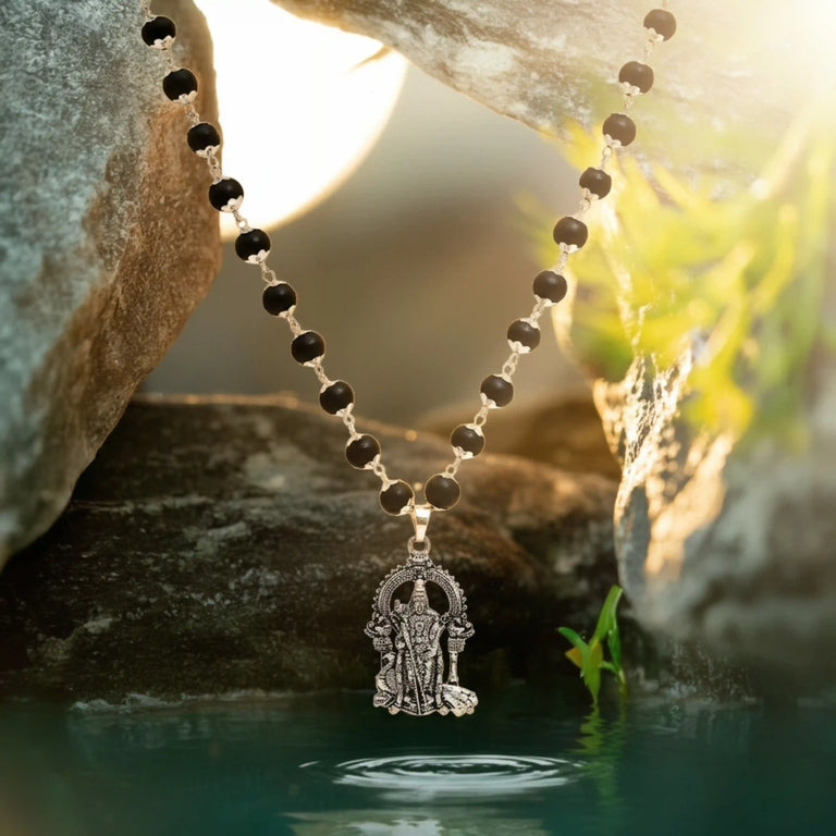 Original Karungali Mala with Pure Silver Capping & Lord Murugan Pendant | Natural Black Ebony Wood Chain for Men & Women