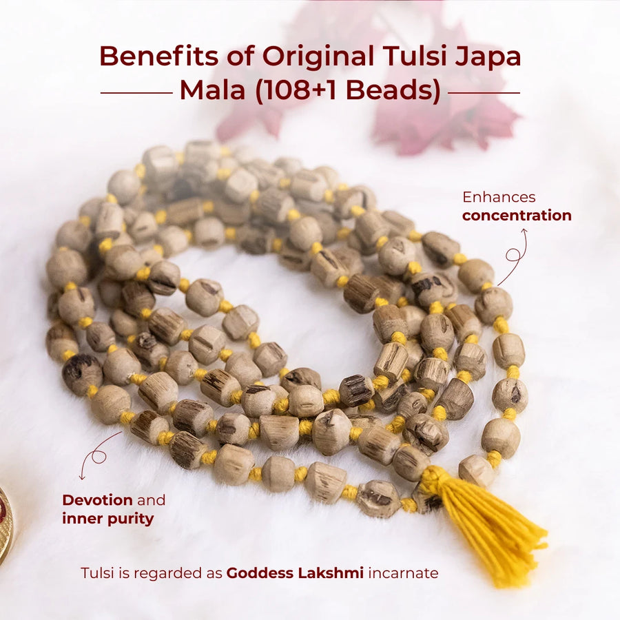 Original Tulsi Japa Mala (108+1 Beads) – 100% Pure & Natural Holy Basil Wood Beads for Daily Chanting, Meditation & Spiritual Healing (Handcrafted, Knotted)