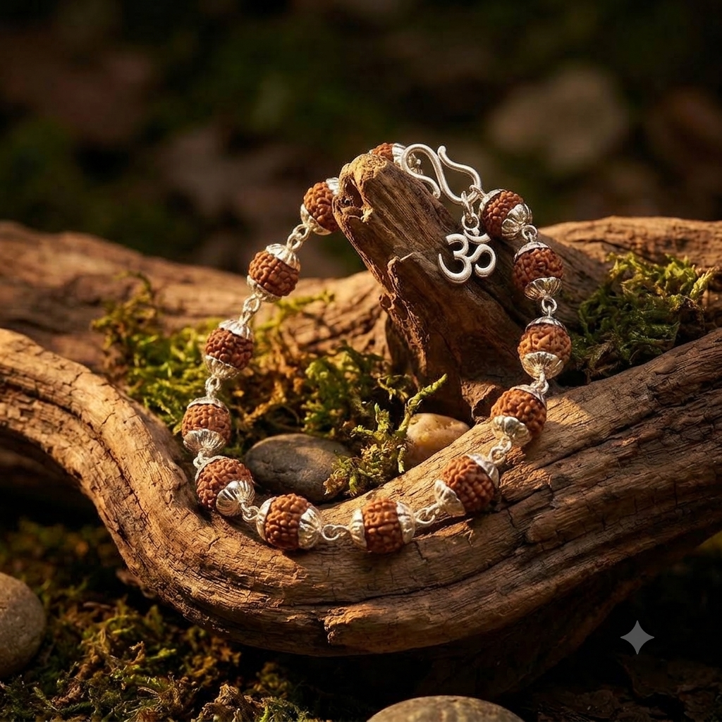 Authentic Silver Capped Rudraksha Bracelet for Men & Women | 5 Mukhi Rudraksha Silver Chain Bracelet