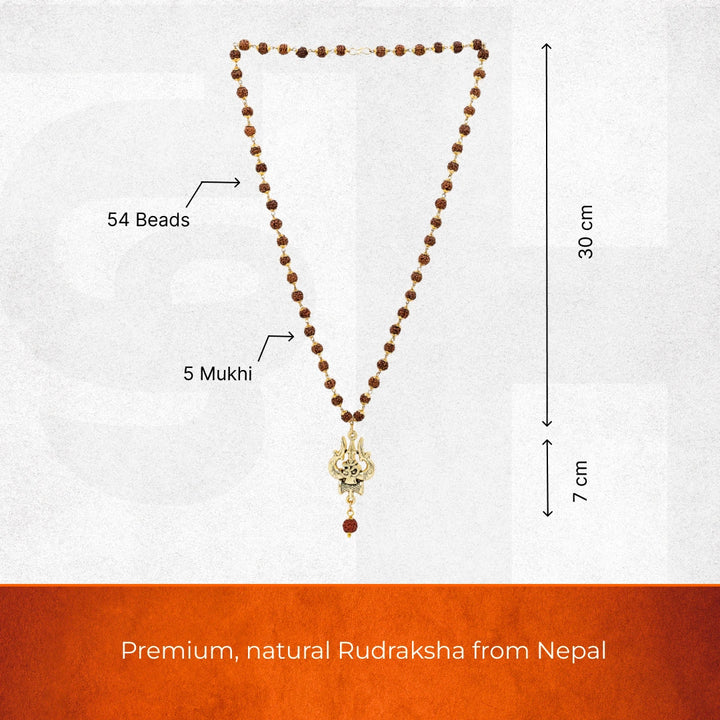Om Shiva Trishul with Damroo Pendant Rudraksha Necklace – 54 Beads Gold-Capped Spiritual Mala for Meditation, Protection, and Daily Wear