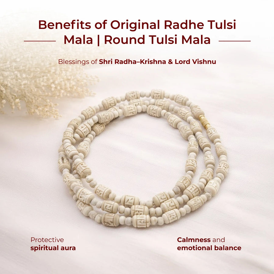 Original Radha Krishna Carved Tulsi Kanthi Mala | 100% Pure Natural Holy Basil Wood Beads Necklace for Daily Wear & Chanting