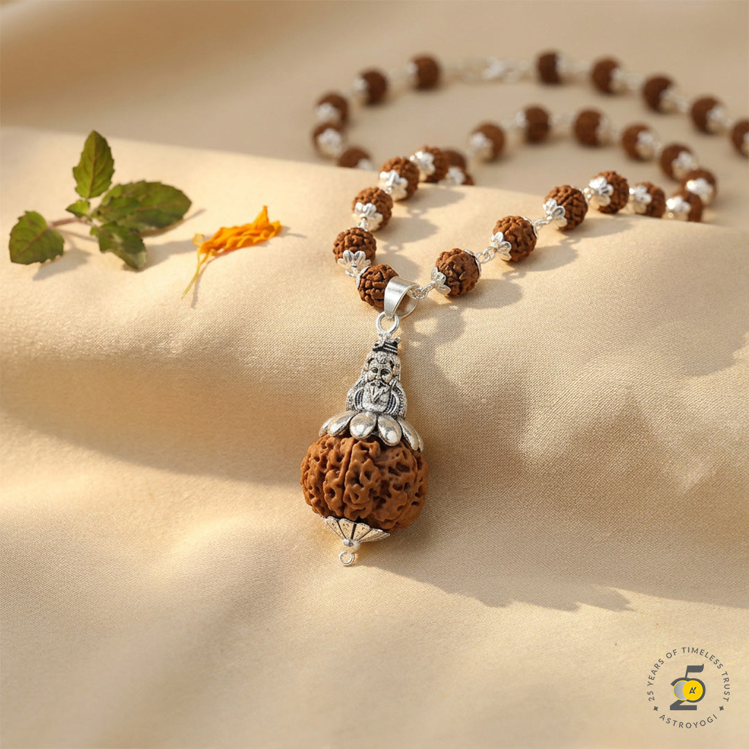 Silver-Plated Rudraksha Mala with Meditating Lord Shiva Pendant & Large Focal Bead