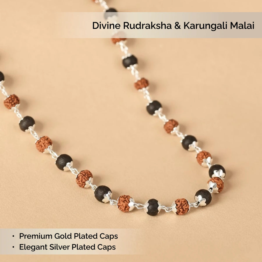 Original Government Certified Rudraksha & Ebony Karungali Silver Capped Mala (54 Beads)for Daily Wear & Jaap